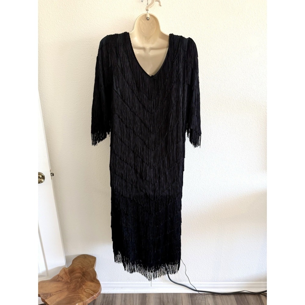 Vintage 80s Fully Fringe Dress Black Sz XL Flapper Knee Length Art Deco Cocktail - Picture 6 of 7